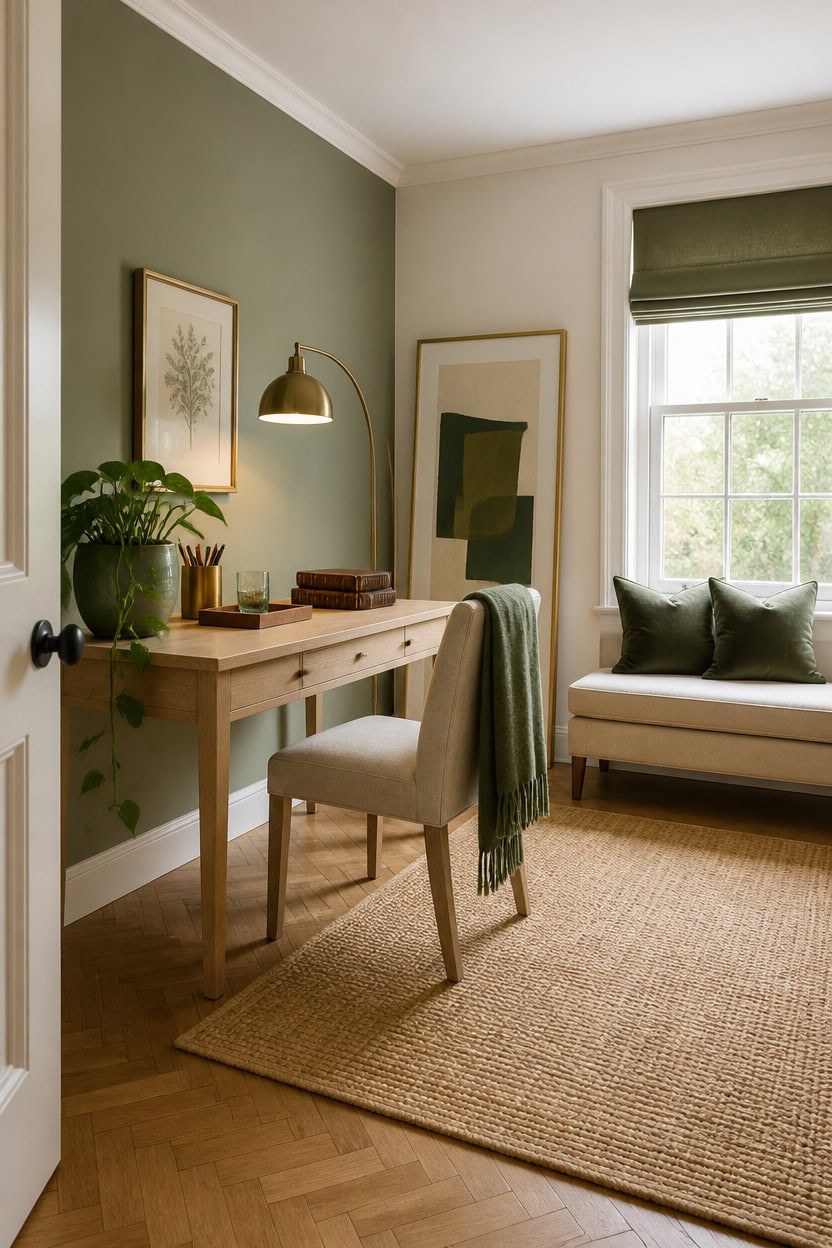 Bright home office with green accent wall, wooden desk, and window seat with cushions.
