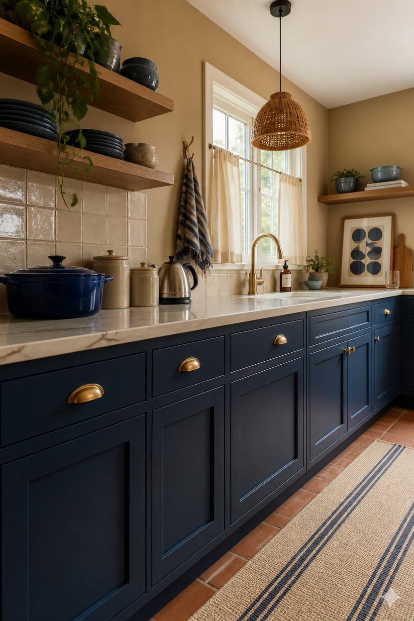 Modern blue kitchen with natural light, open shelving, and stylish decor.