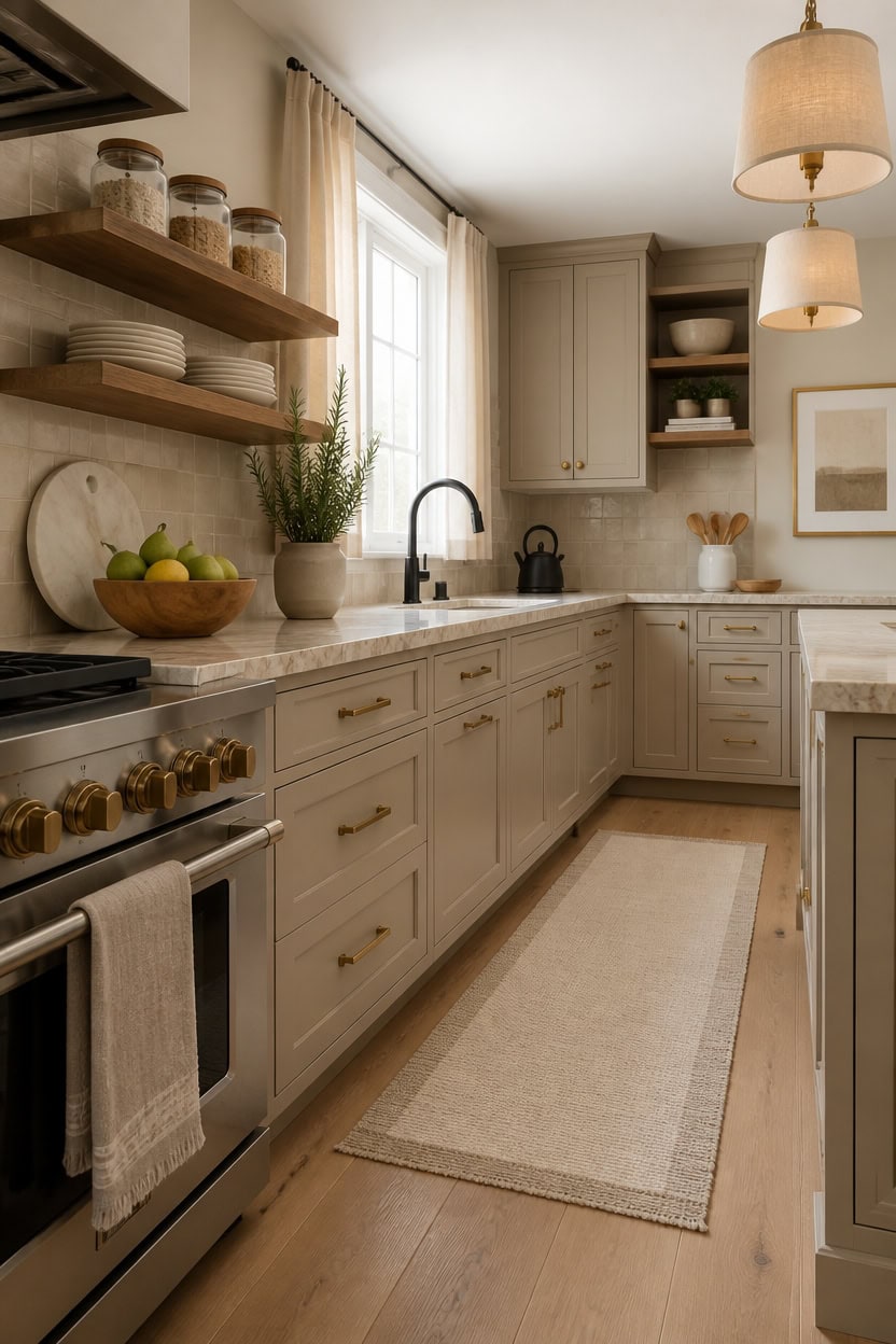 Bright kitchen with beige cabinets, open shelving, and marble countertops.
