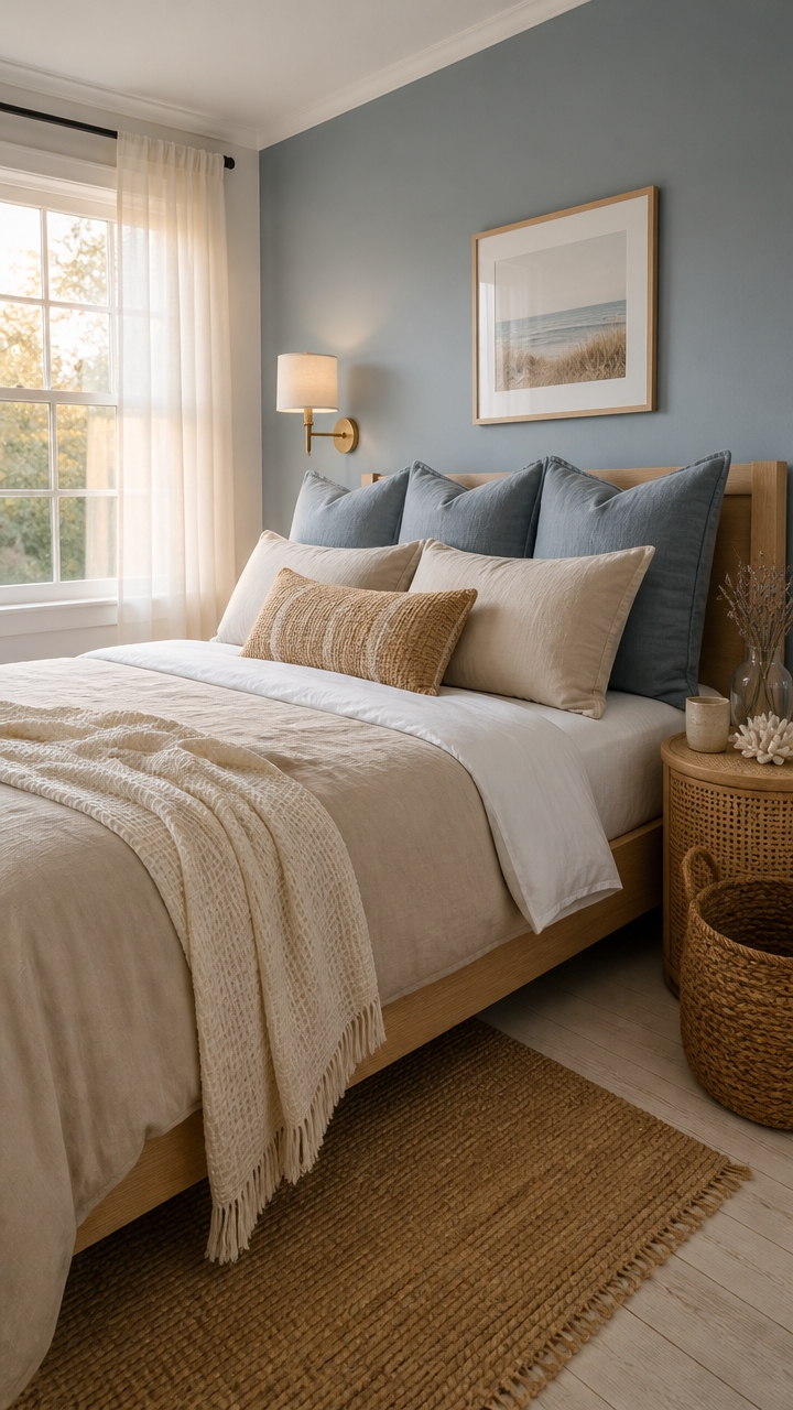 beach inspired layered pillow styling
