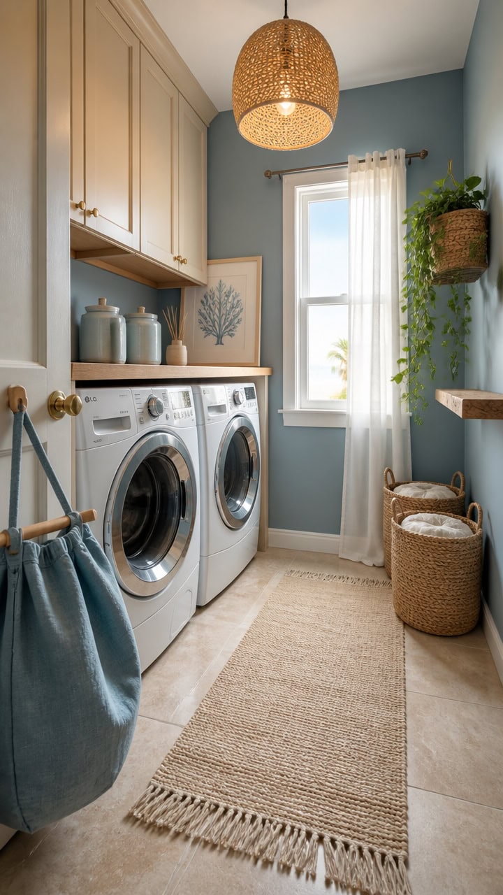 Bright laundry room featuring a front-loading washer and dryer, beige cabinetry, and a large window with white curtains.