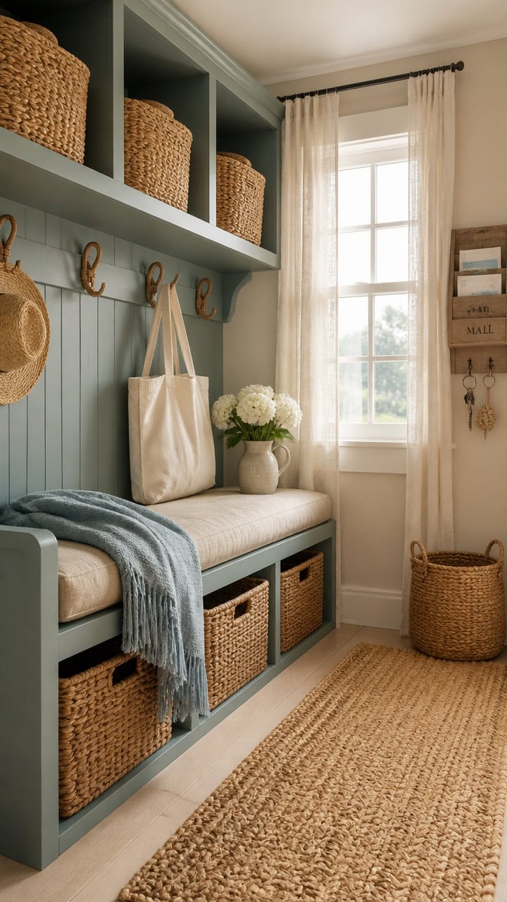 Bright entryway with built-in storage, woven baskets, and natural decor accents.