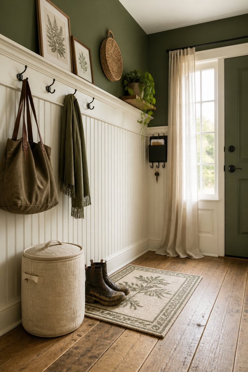 Entryway with green walls, white wainscoting, and a door with a window, featuring hooks, a rug, and.