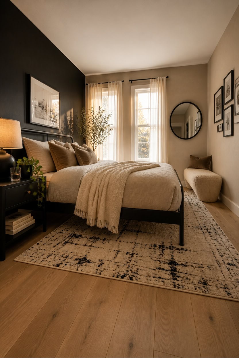 Bright and inviting bedroom featuring large windows, neutral tones, and stylish decor for a comforta.