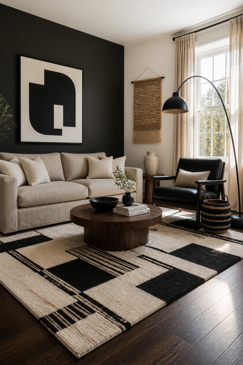 Living room with beige sofa, black armchair, and contemporary artwork in a bright, cozy space.