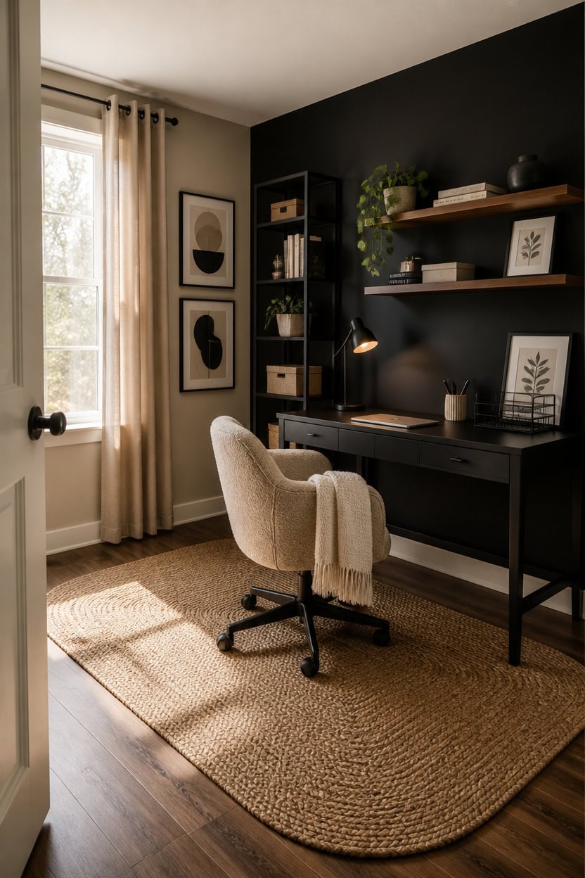 Home office with black desk, beige chair, and wall shelves.