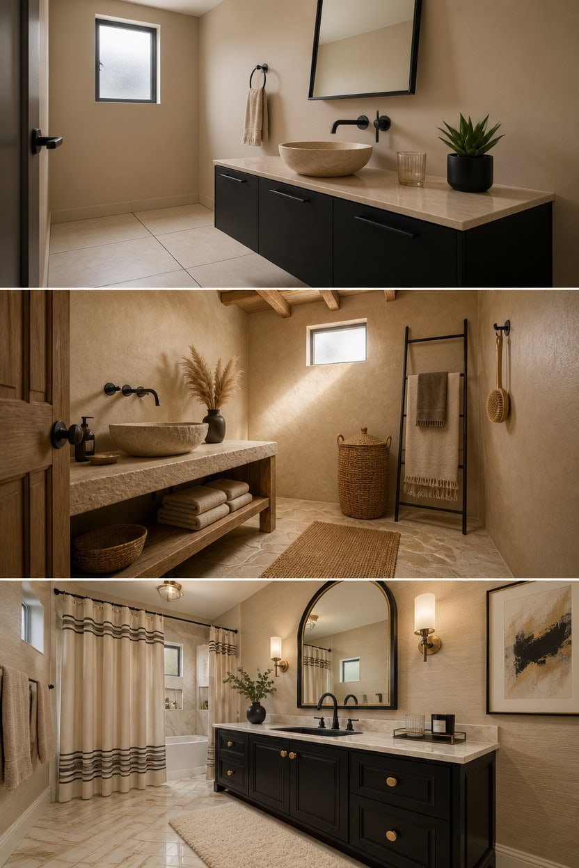 Contemporary bathroom featuring a vessel sink, black vanity, and natural light.