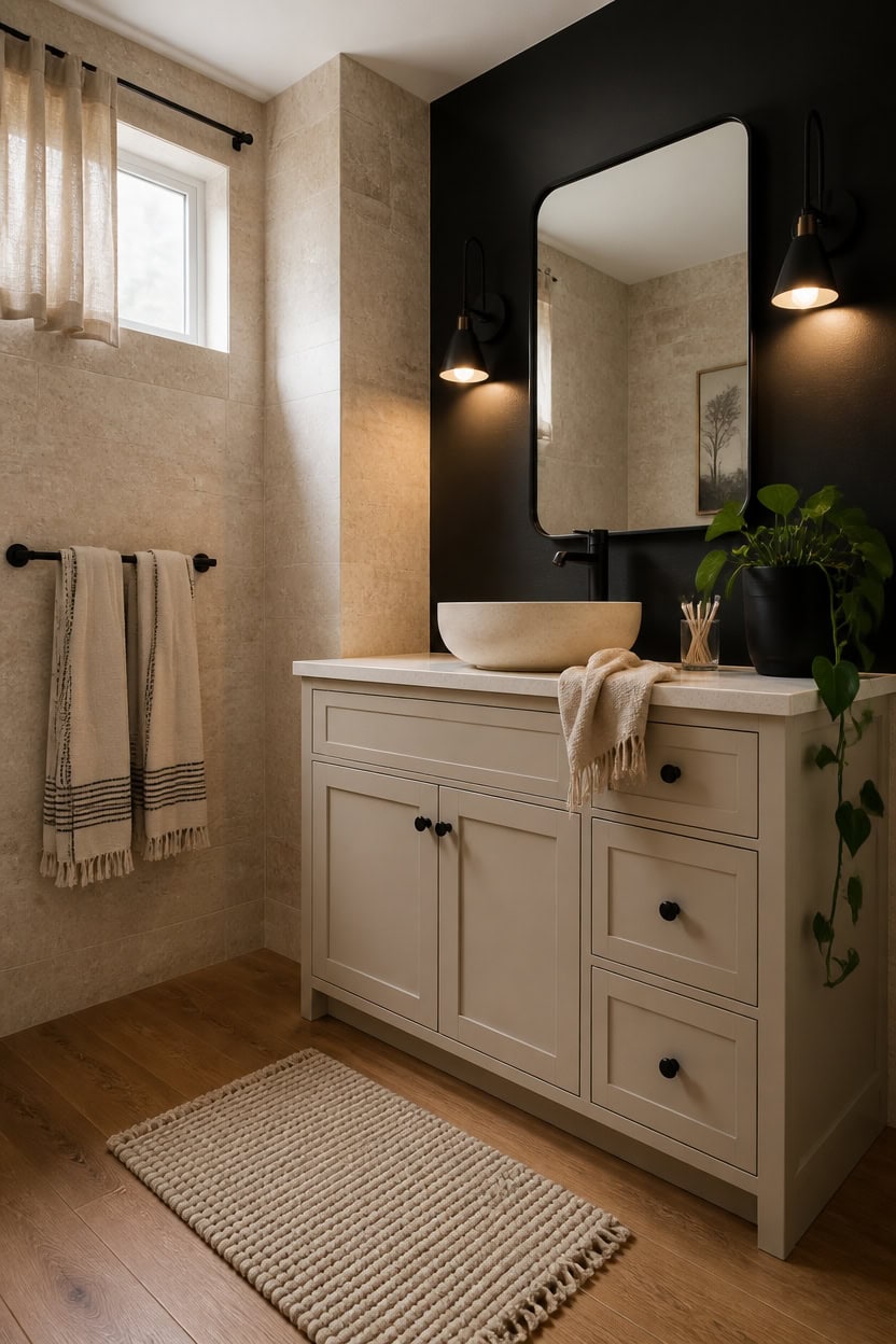 Modern bathroom vanity with vessel sink, mirror, and warm lighting.