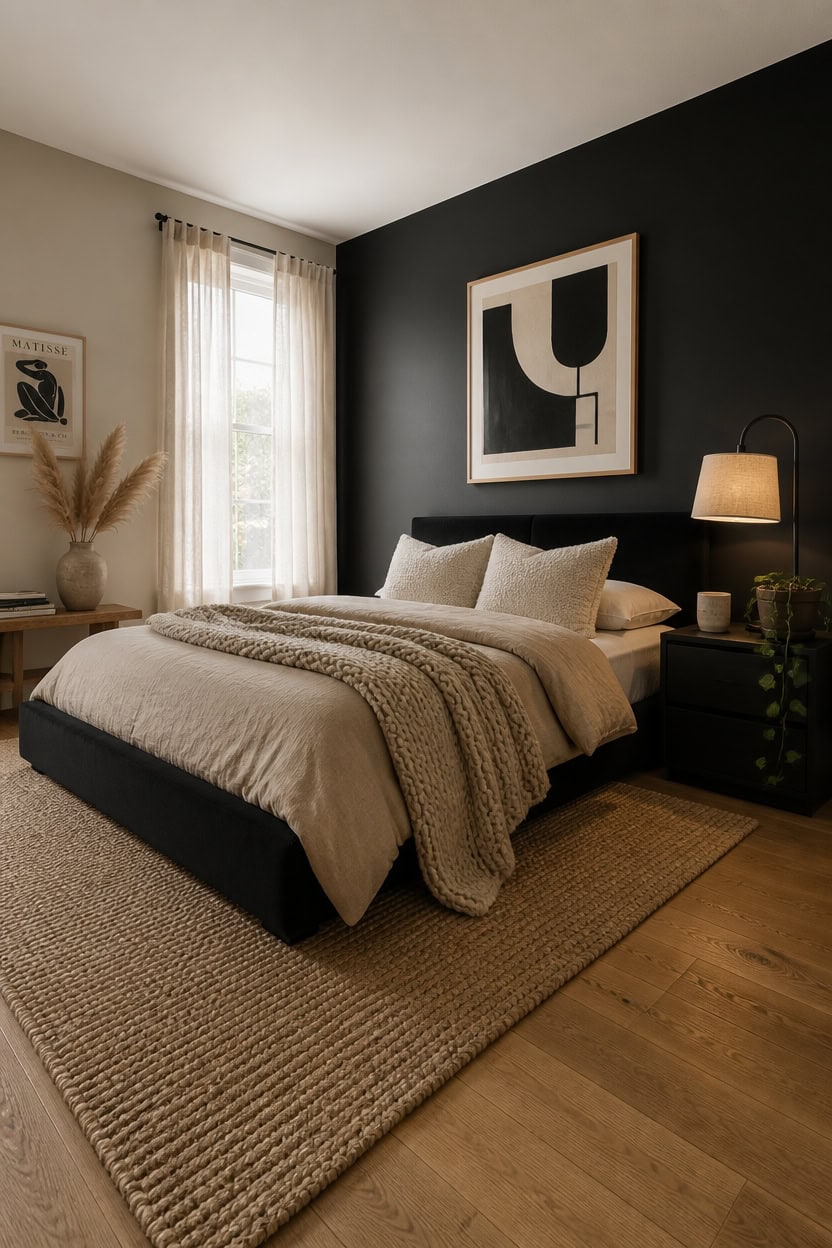 Stylish bedroom featuring a black accent wall, large bed, and natural light from window.