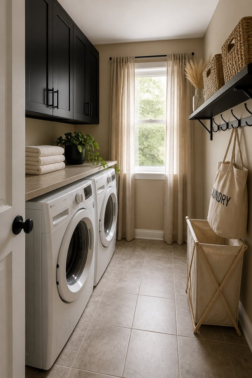 Laundry room with front-loading washer, black cabinets, and natural light.