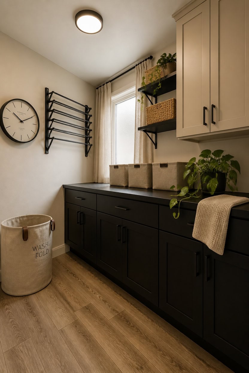 Bright laundry room featuring black cabinetry, wall-mounted shelves, and a large window for natural.