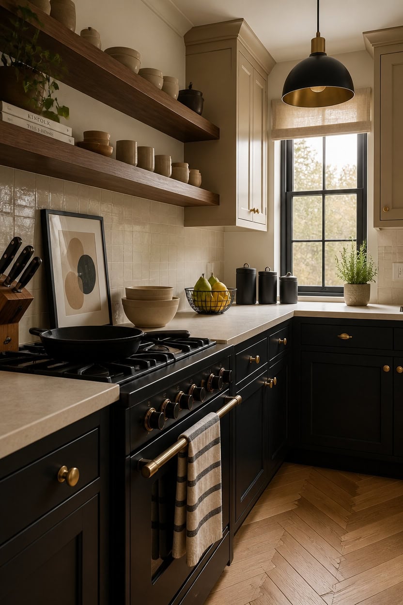 Modern kitchen with open wooden shelves, black cabinets, and large window letting in natural light.