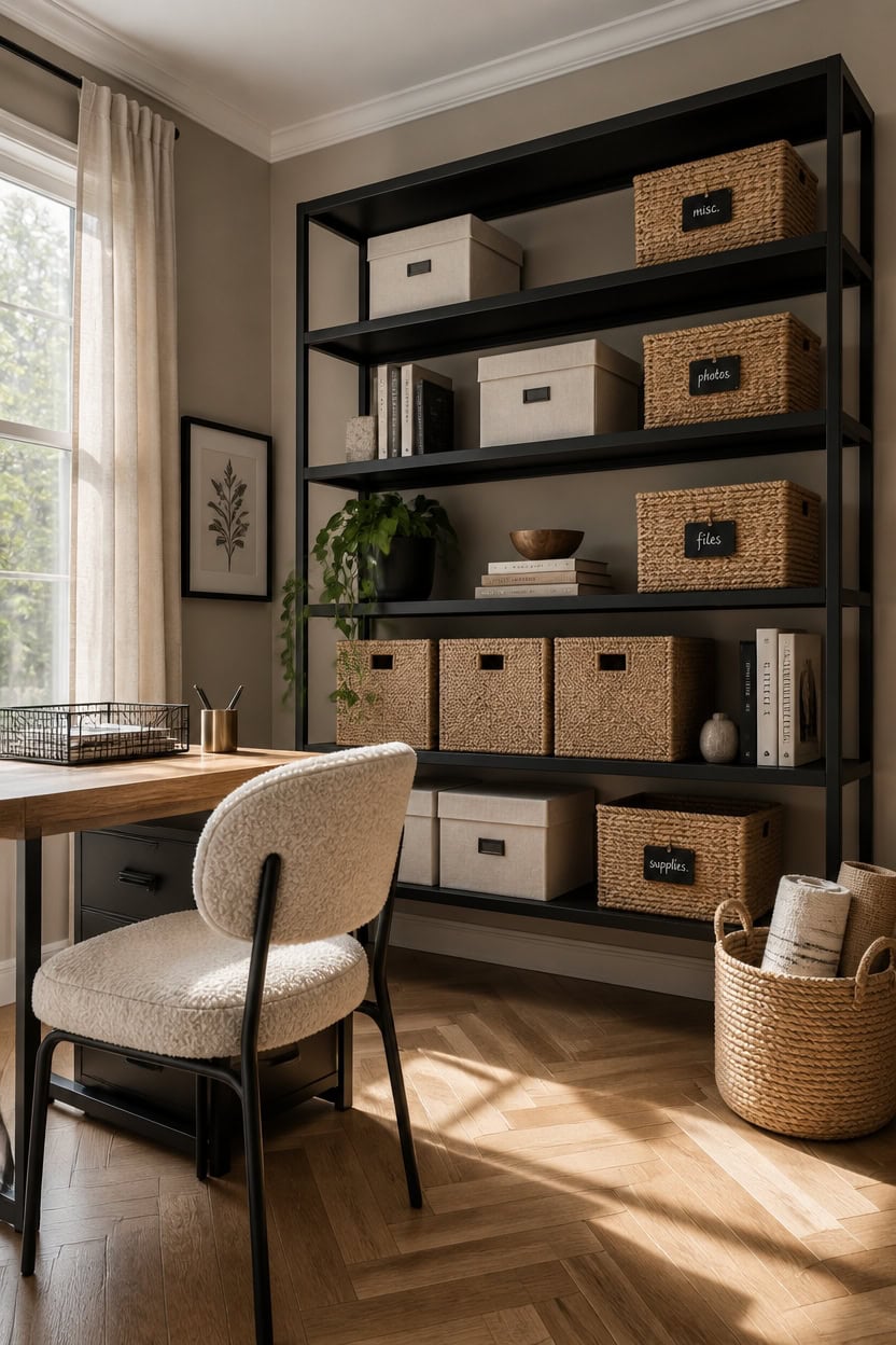 Bright home office with black metal shelving and woven storage baskets.