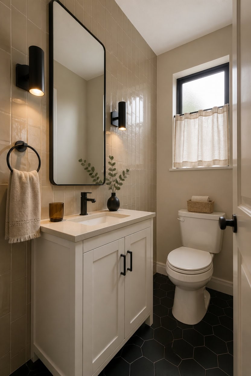 Small bathroom with white vanity, black fixtures, and a window with beige curtain.