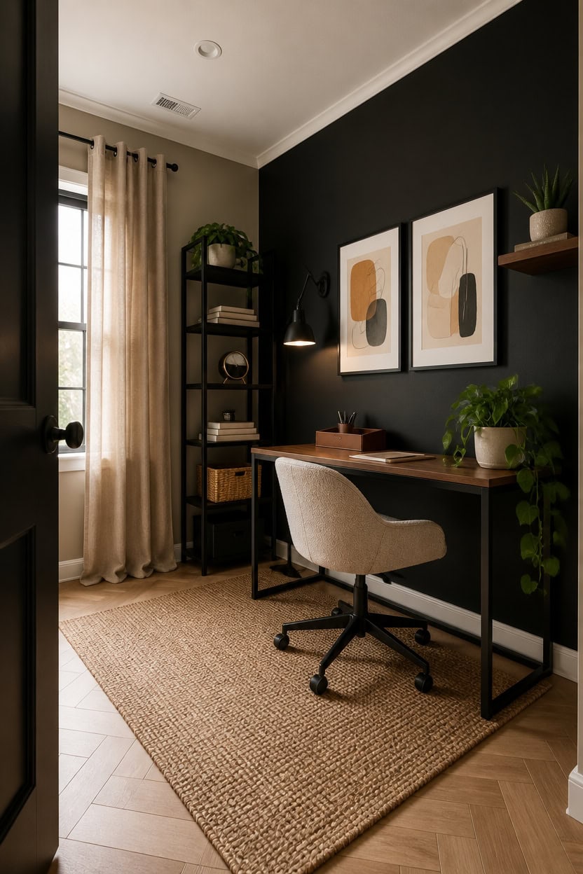 Cozy home office with black accent wall, desk, and decorative artwork.