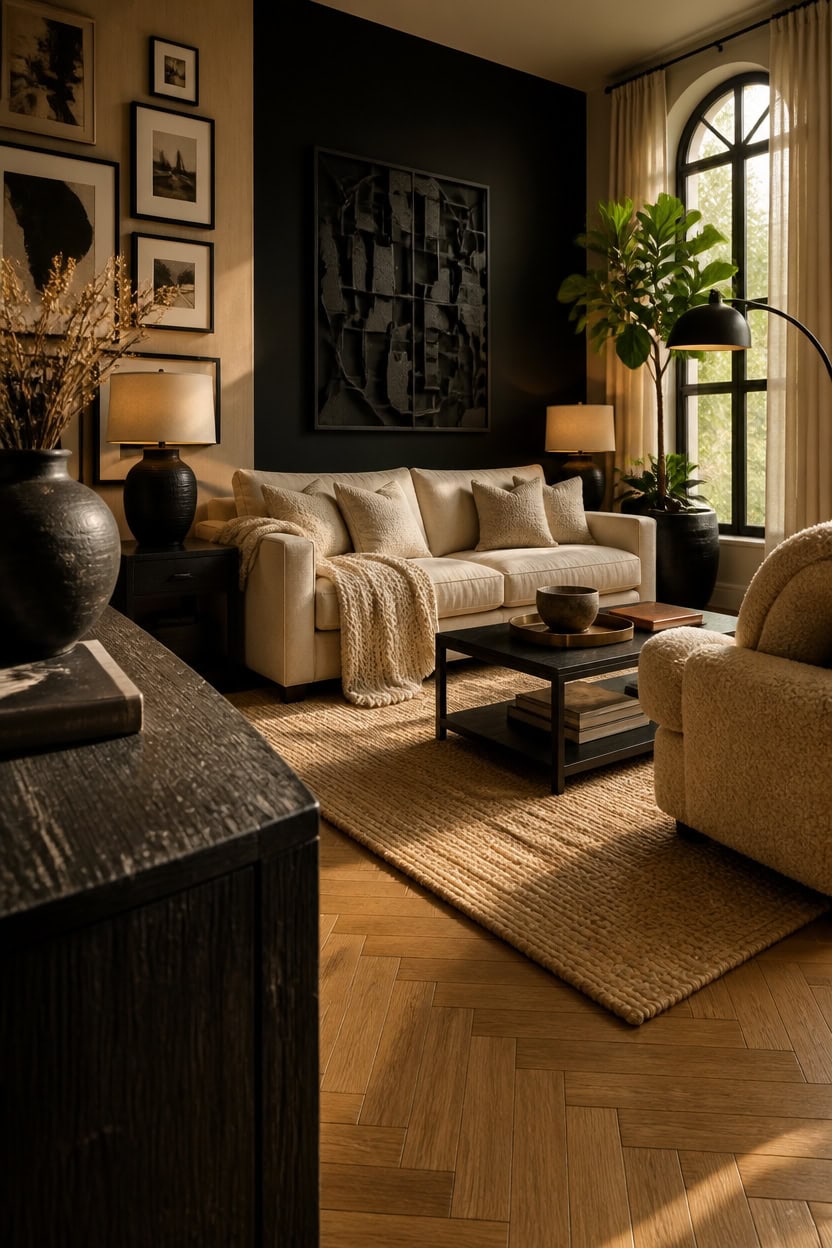 Elegant living room with comfortable sofa, stylish artwork, and warm lighting.