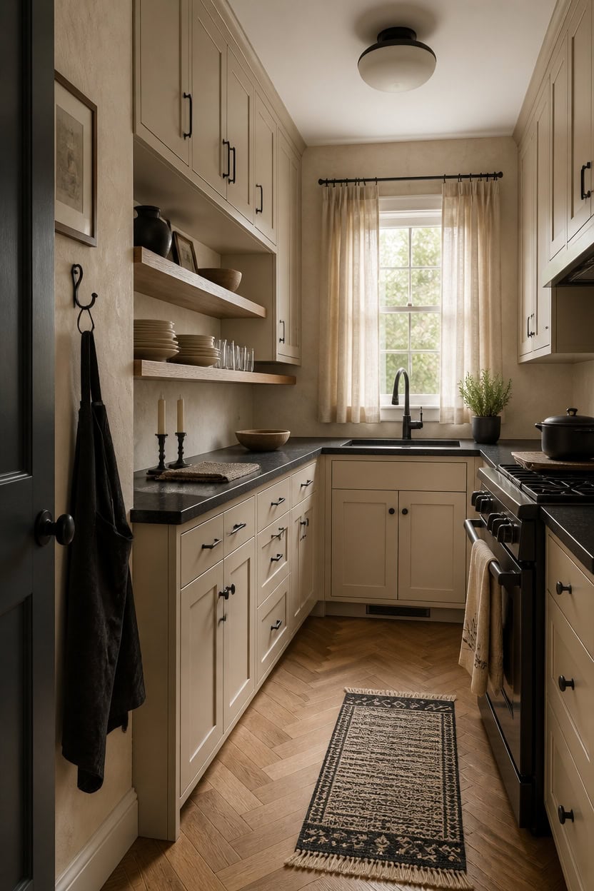 Bright and cozy kitchen with white cabinets, black countertops, and a window with curtains.