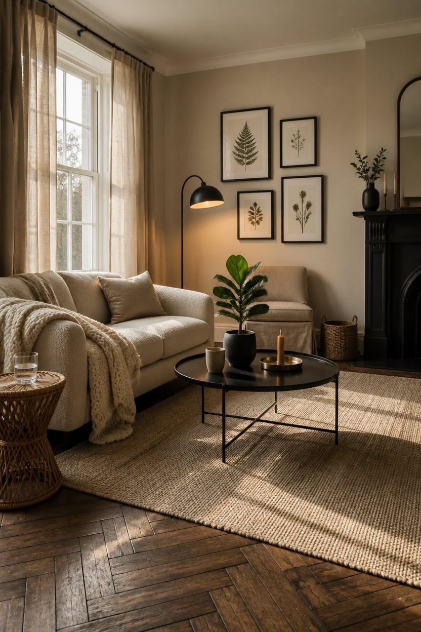 Bright living room with beige sofa, large window, and modern decor.