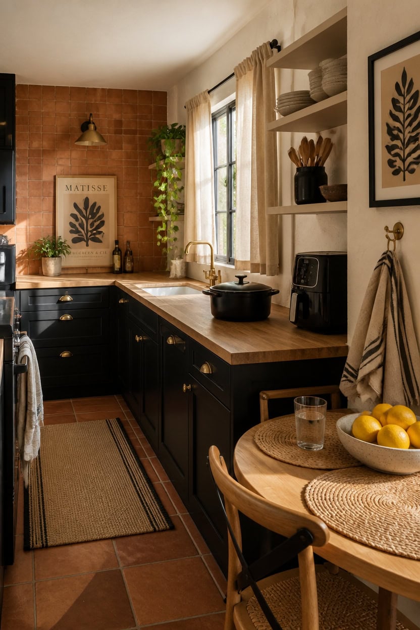 Bright kitchen with black cabinets, wooden countertops, and open shelving. Features a dining area, d.