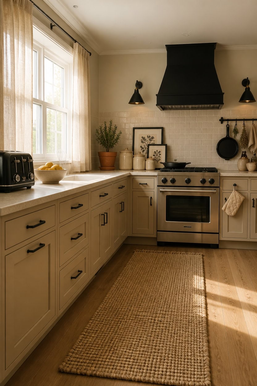 Bright kitchen with beige cabinets, black range hood, and large window.