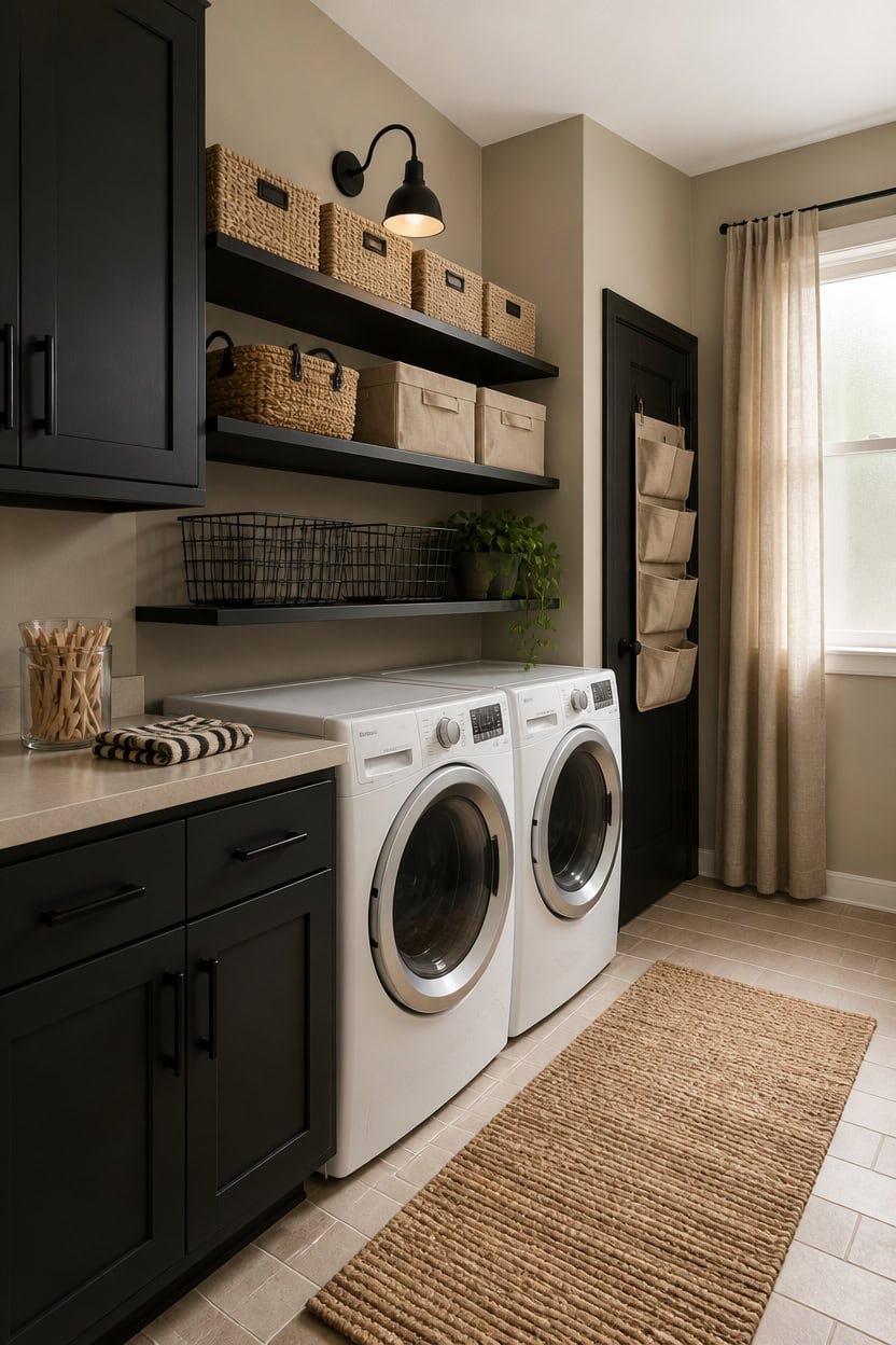 Laundry room with washer and dryer, black cabinetry, and open shelving for storage. Bright space wit.