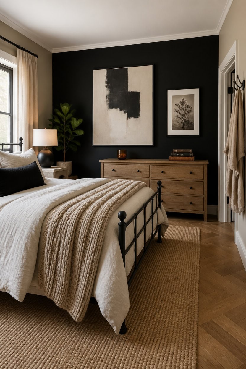 Bright bedroom with black accent wall, stylish artwork, and natural light.