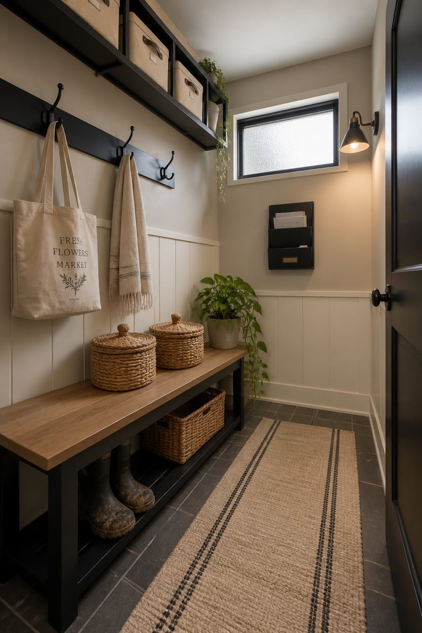 Small mudroom with hooks, shelves, baskets, and a plant for organized entryway.