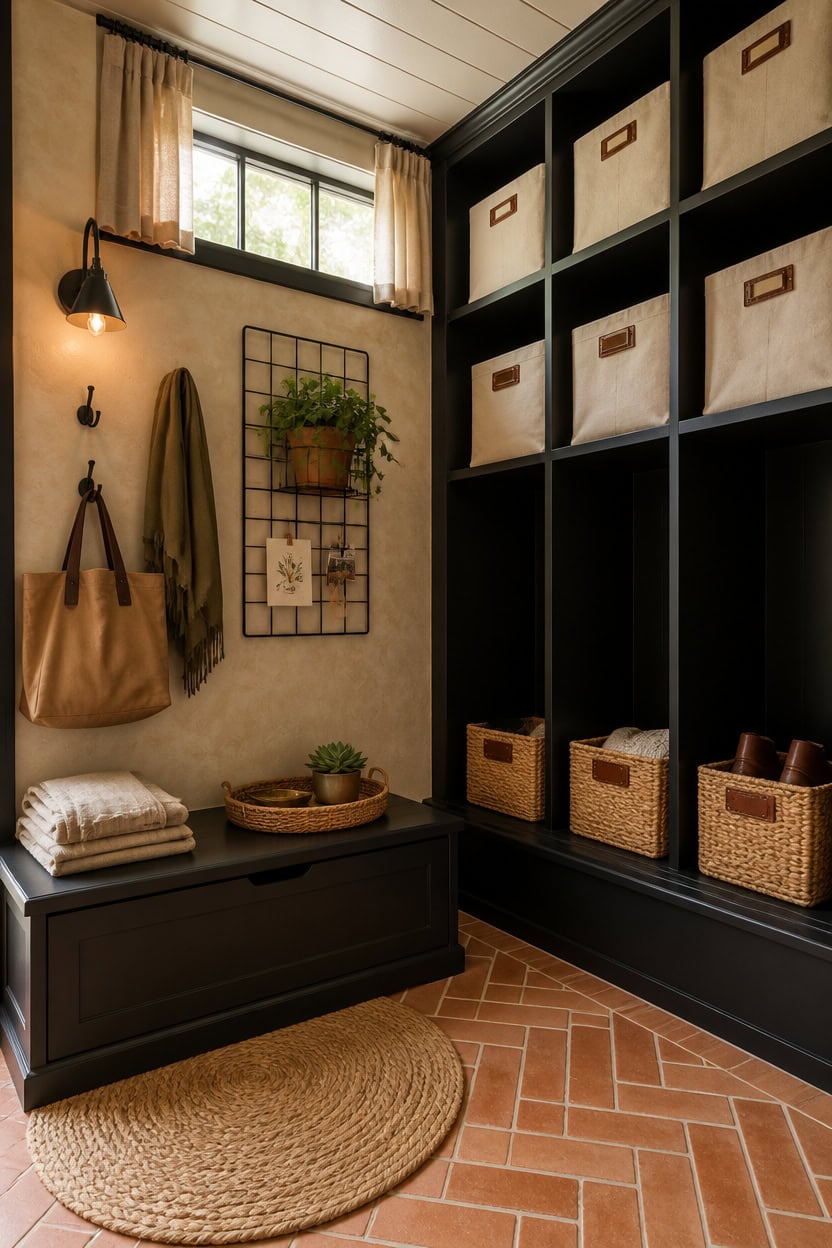 Stylish entryway with storage cubes, wall hooks, and decorative plants.
