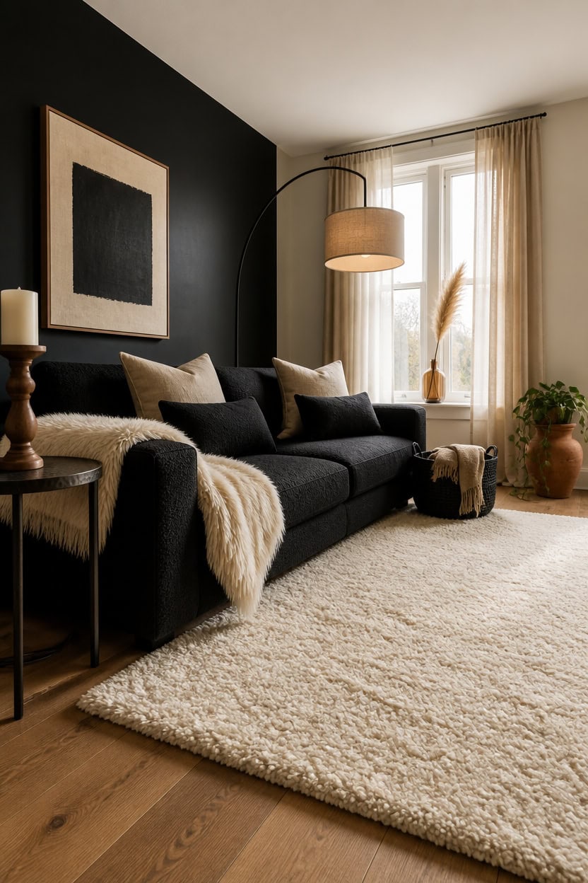 Cozy living room featuring a black sofa, neutral cushions, and elegant decor with natural light from.