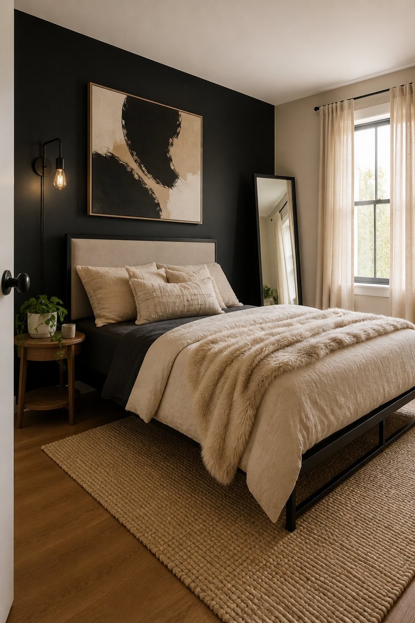 Modern bedroom with stylish decor, cozy bedding, and natural light at Apartment ABC.