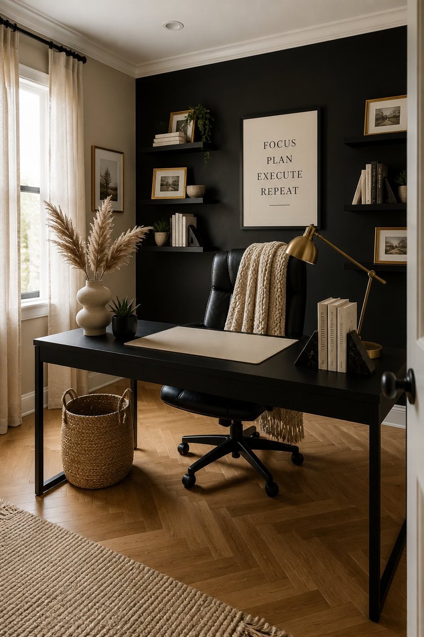 Home office setup with black accent wall, desk, chair, and stylish decor elements.