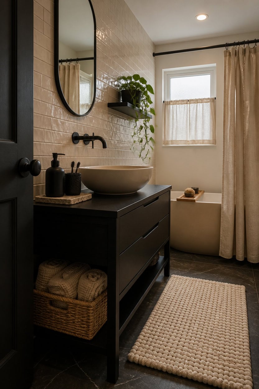 Modern bathroom with bathtub, black vanity, round vessel sink, and natural light.