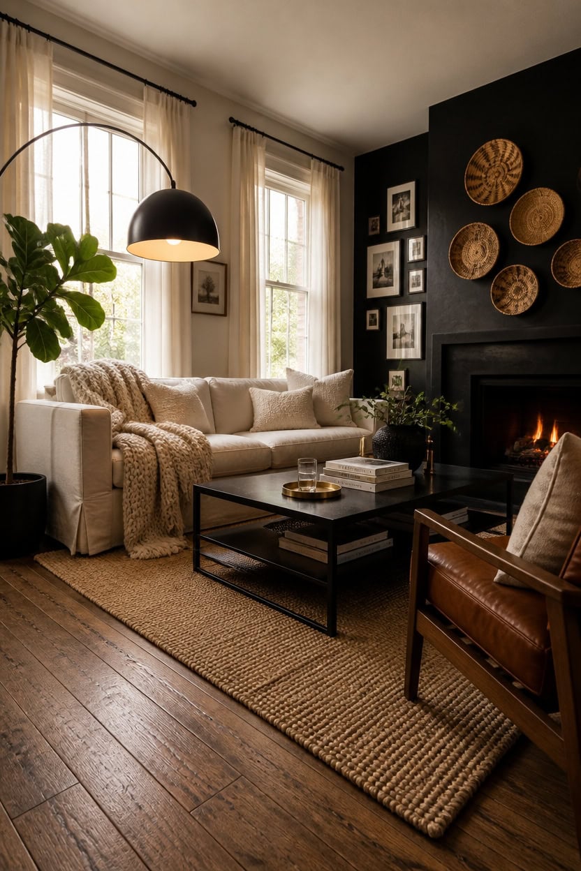 Stylish living room with fireplace, cozy sofa, and decorative wall art in a modern apartment.