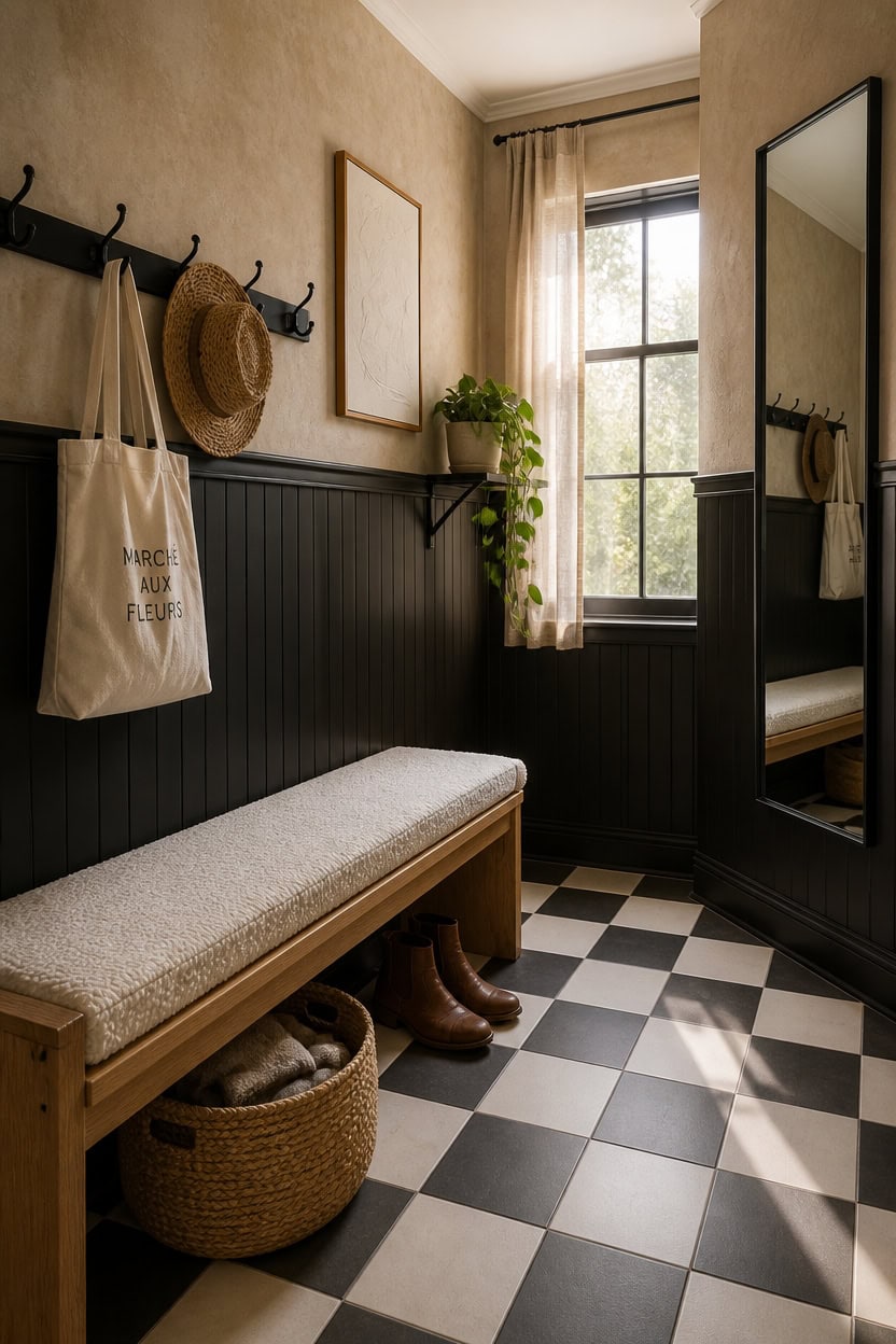 Entryway with bench, mirror, and coat hooks in a stylish apartment.