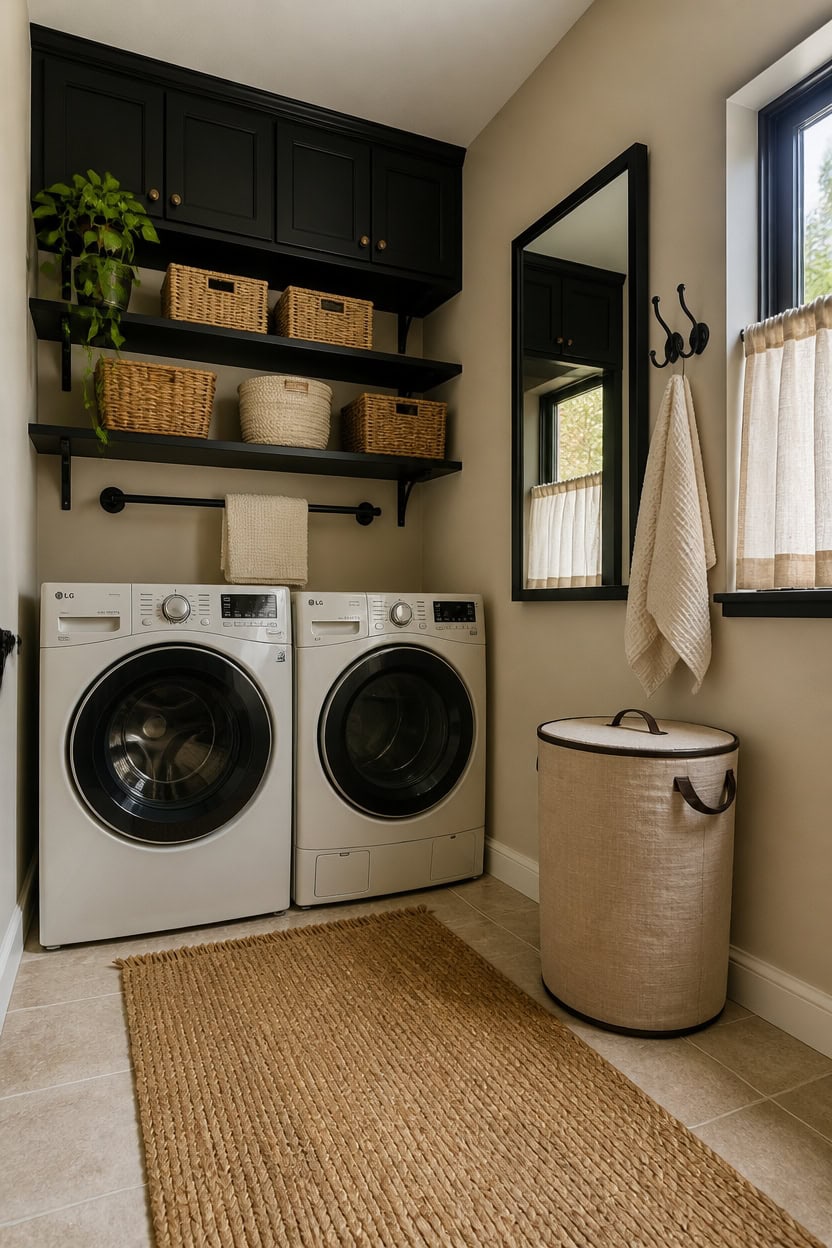 Laundry room with washer, black shelves, baskets, and window for natural light.