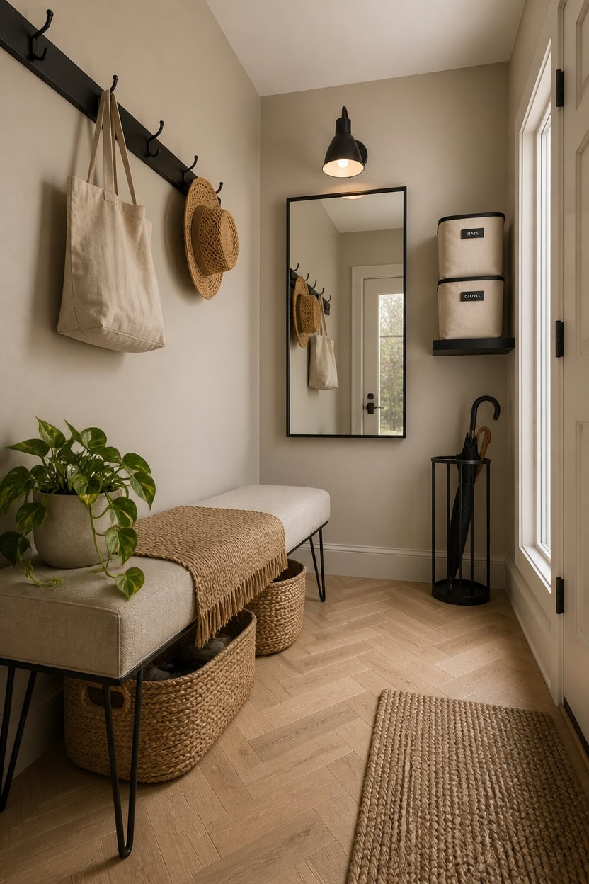 Entryway with bench, wall hooks, mirror, and storage baskets.