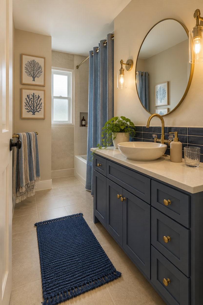 Bright bathroom featuring a navy blue vanity, round mirror, and elegant lighting fixtures. Includes.