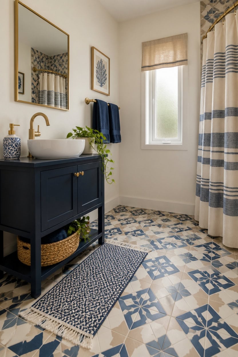 Bathroom with navy vanity, white vessel sink, and decorative patterned floor tiles.