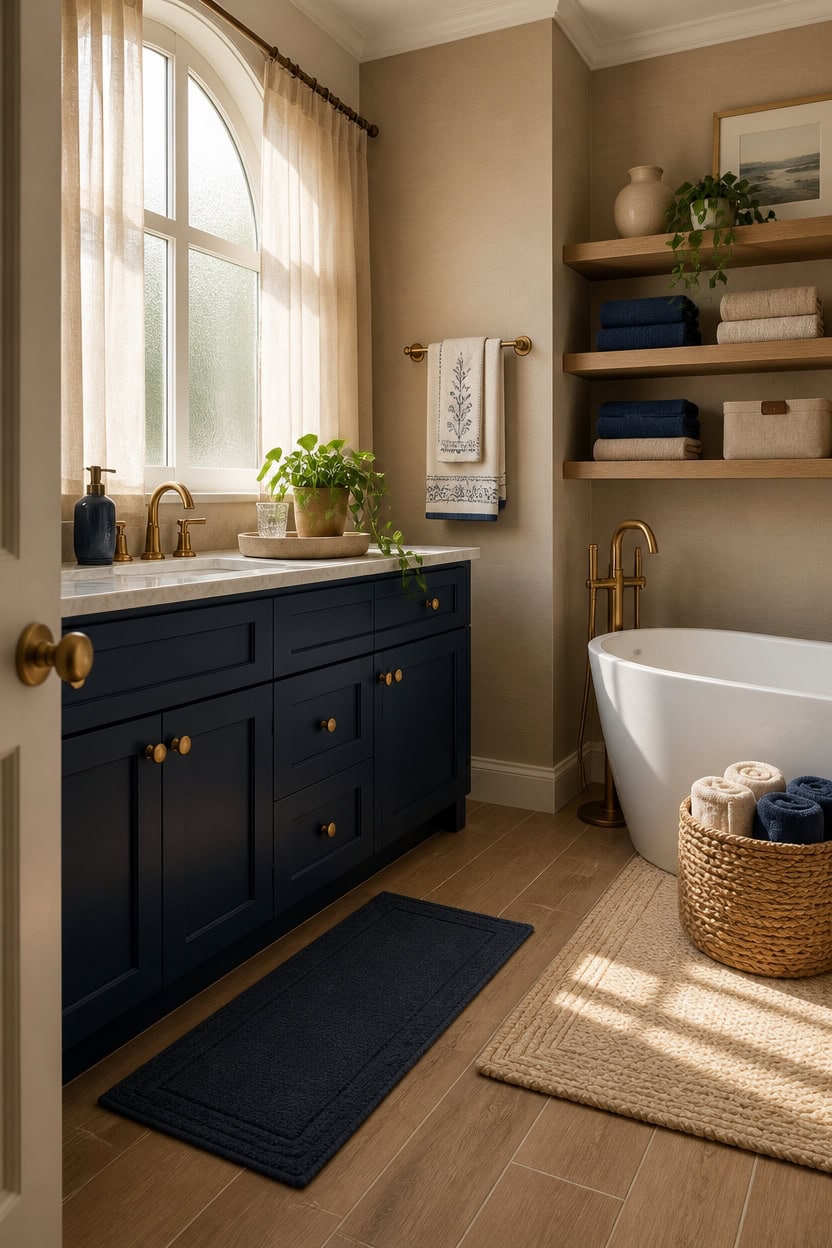 Bright bathroom featuring a navy blue vanity, freestanding bathtub, and natural light from a large w.