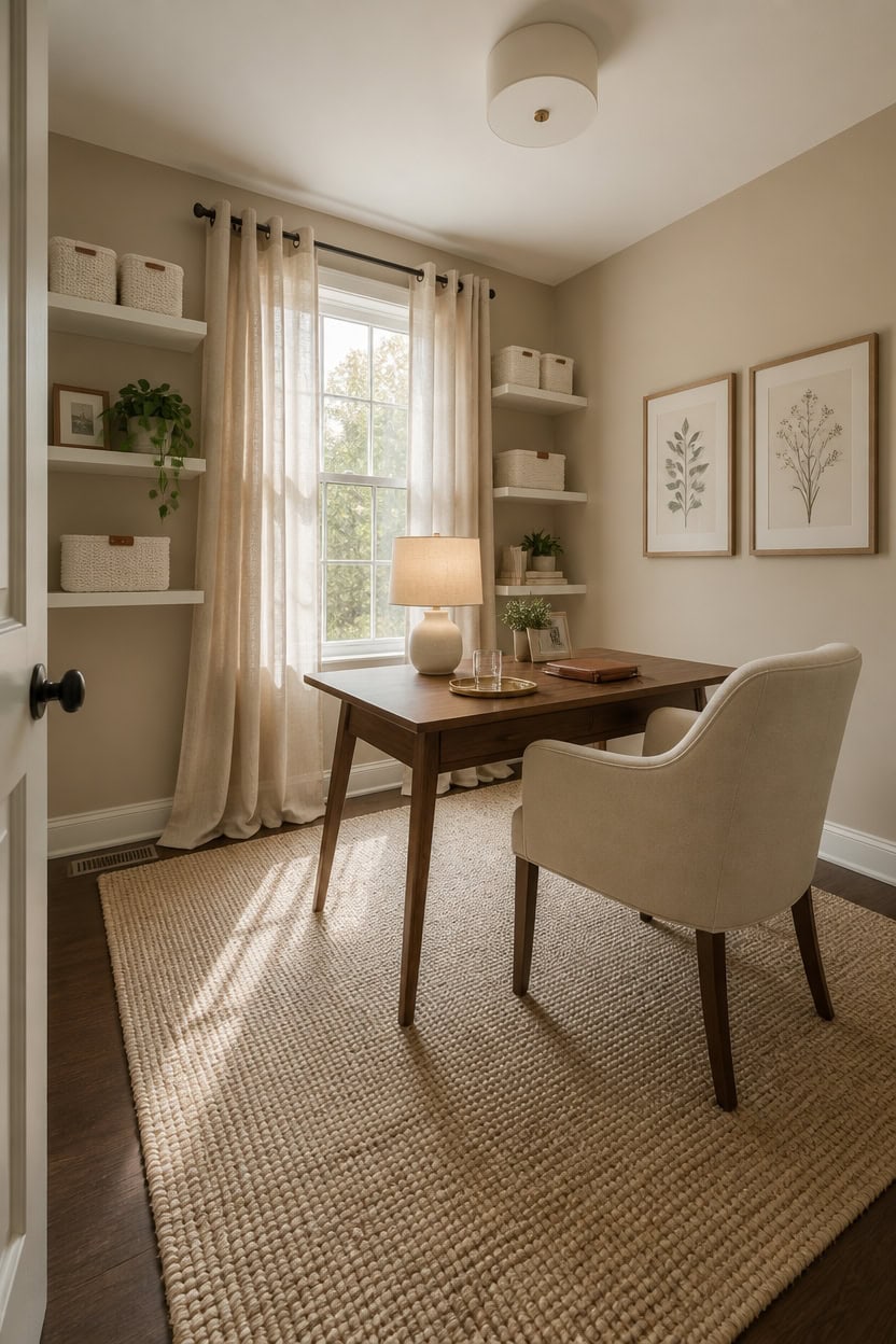 Bright home office featuring a large window with sheer curtains, a wooden desk, and comfortable armchair for productive work.