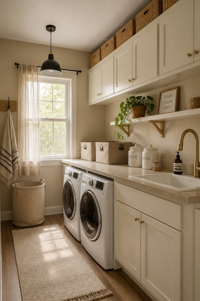 Bright laundry room featuring a front-loading washer and dryer, white cabinetry, and a large window with sheer curtains.