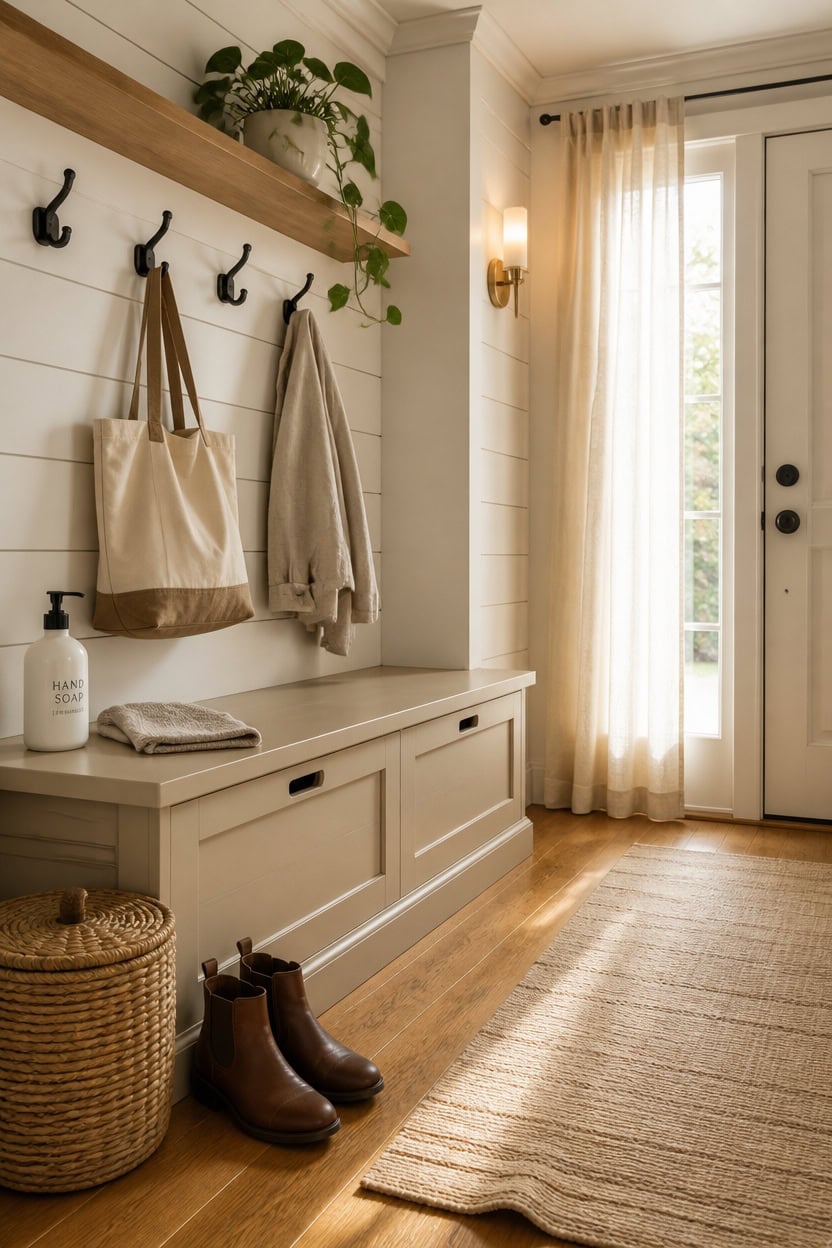 Bright entryway with hooks for bags and coats, a bench, and a door with sheer curtains allowing natural light.