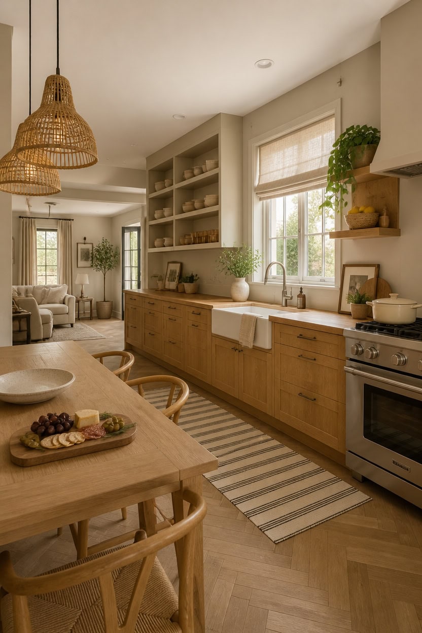 Bright and inviting kitchen featuring wooden cabinets, open shelving, and large windows with natural.