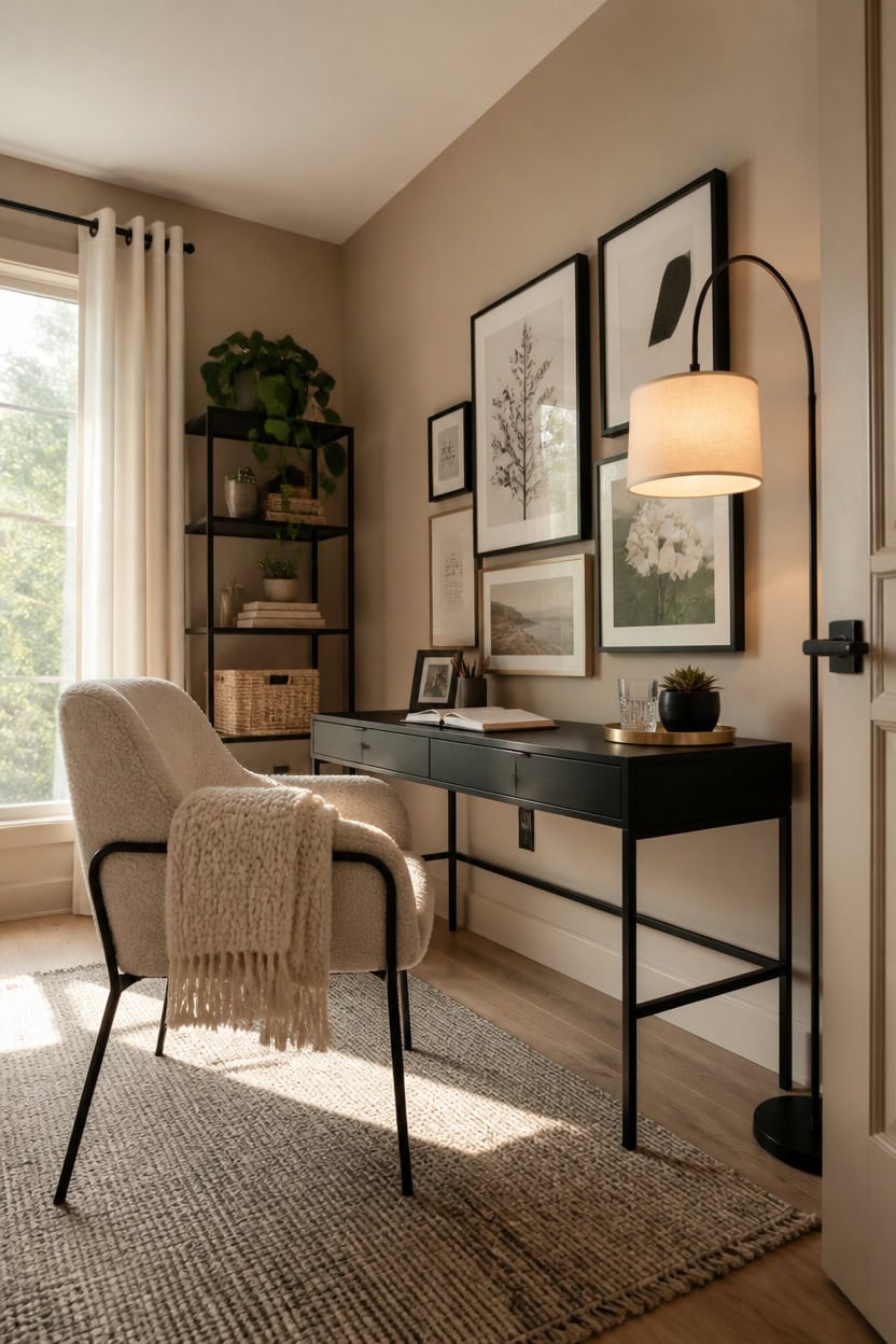 Home office with stylish wall art, desk, and cozy chair for productive workspace.