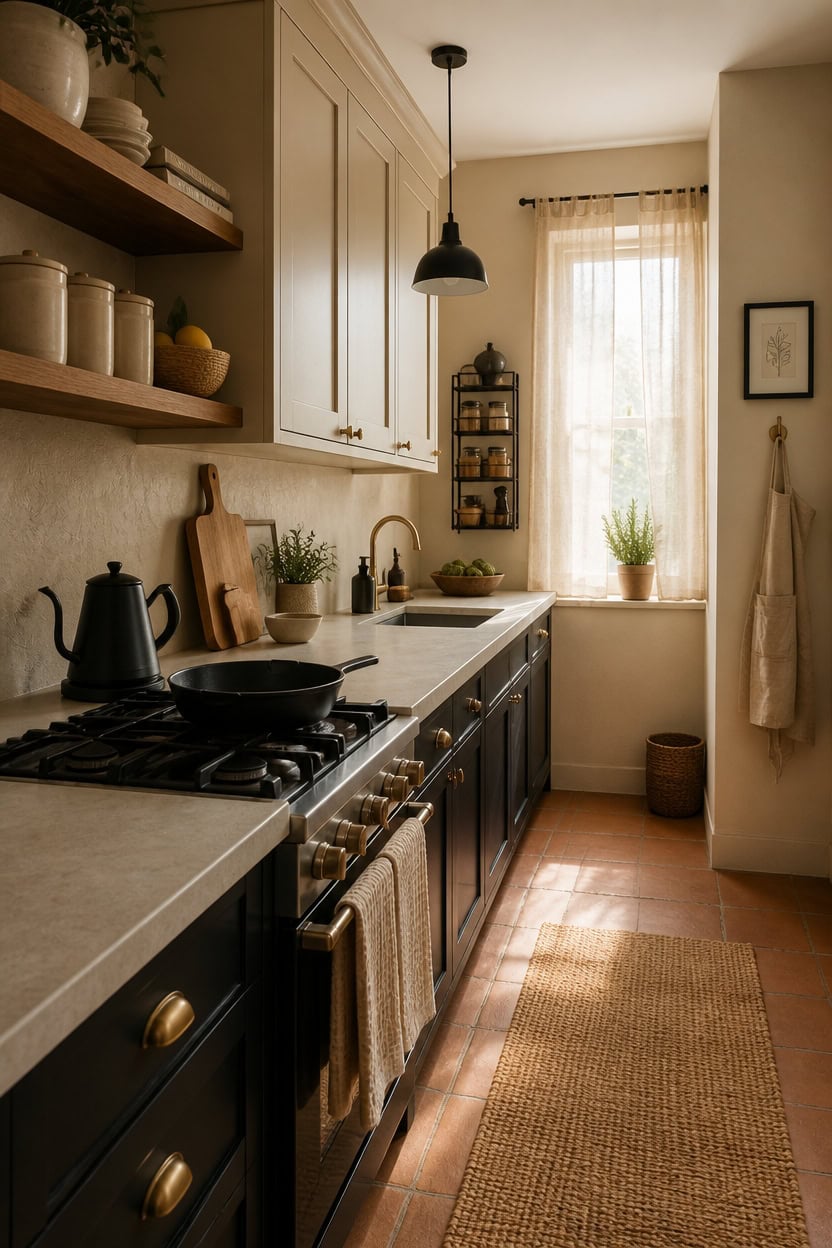 Bright kitchen with white and navy cabinetry, open shelving, and a large window letting in natural s.