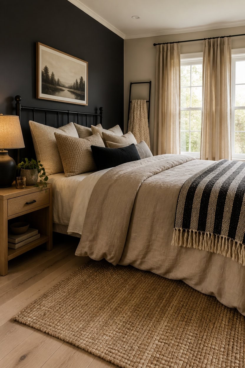 Bright bedroom with large windows, beige bedding, and neutral decor.