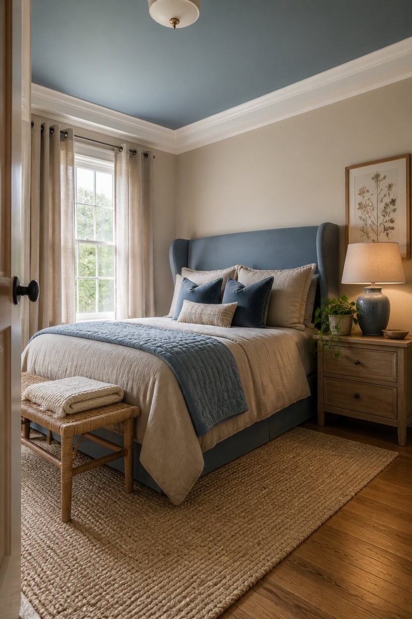 Bright bedroom with blue upholstered headboard, beige walls, and natural light from window.