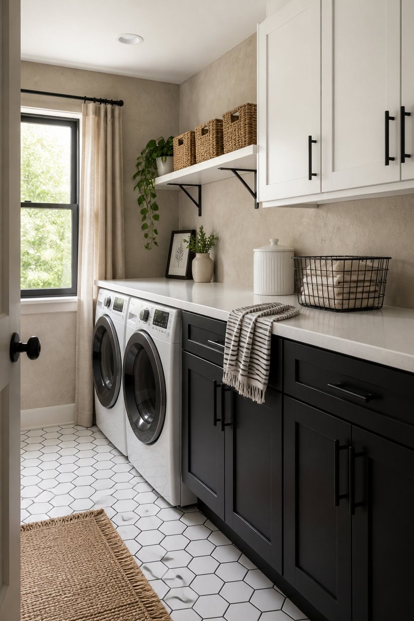 Laundry room with washer, storage baskets, and natural light.