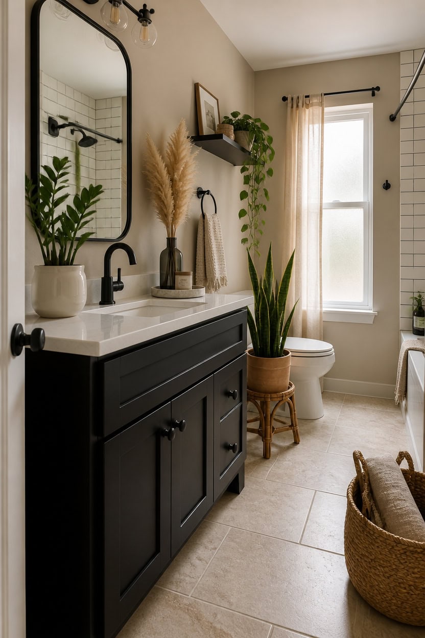 Bright bathroom featuring a black vanity, large mirror, potted plants, and a window with beige curta.