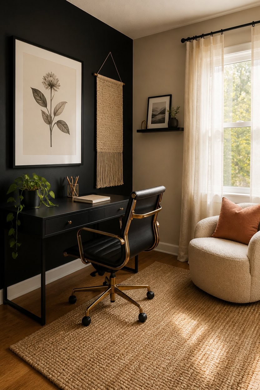 Bright home office with black accent wall, large window, and stylish decor.